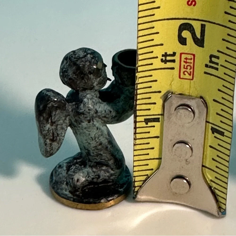 Three Angel Candle Holders Miniature Brass With Verdigris Patina VINTAGE Germany
